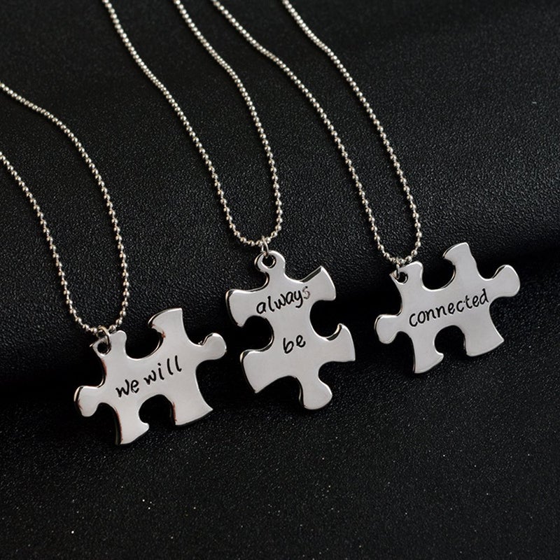MeiligoÂ® Fashion 3 Pcs Best Friends Forever Gift Alloy We Will Always be Connected Letter Puzzle Dog Tag Necklace Key Chain Square Matching Engraved Letter Necklace Set (Necklace - Silver(3 pcs)) - Image 2